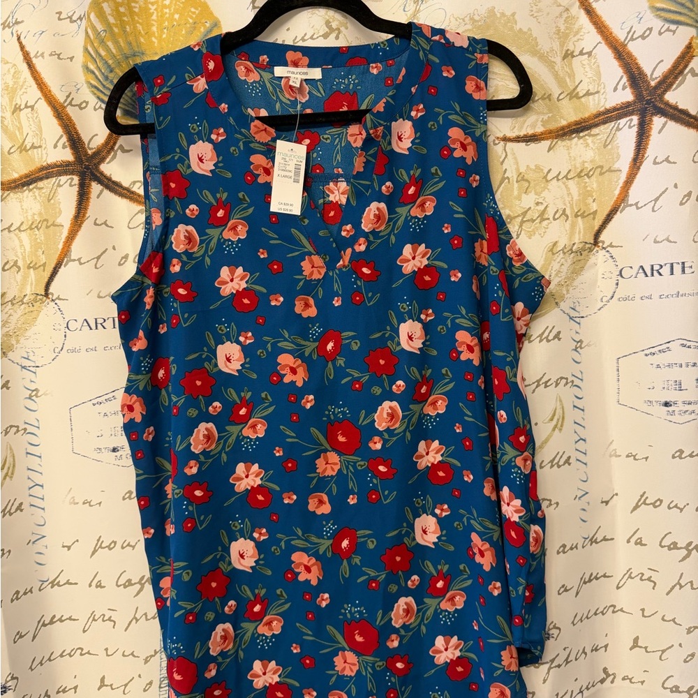 Floral Sleeveless Top - Blue and Red